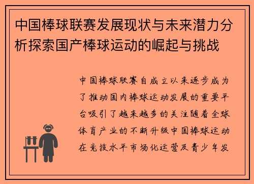 中国棒球联赛发展现状与未来潜力分析探索国产棒球运动的崛起与挑战