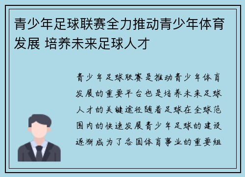 青少年足球联赛全力推动青少年体育发展 培养未来足球人才