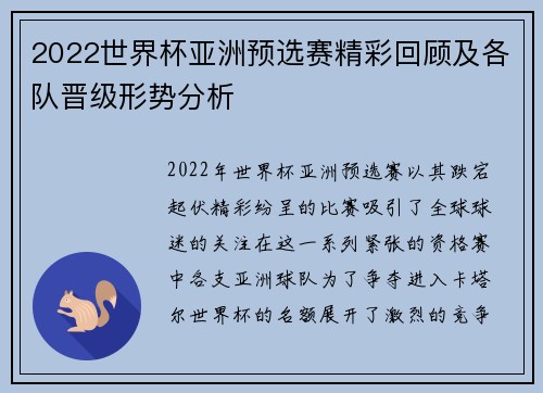 2022世界杯亚洲预选赛精彩回顾及各队晋级形势分析