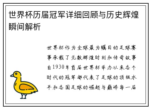 世界杯历届冠军详细回顾与历史辉煌瞬间解析